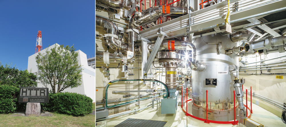 画像：HTTR原子炉建屋外観と格納容器内（中間熱交換器、ヘリウム循環器）
